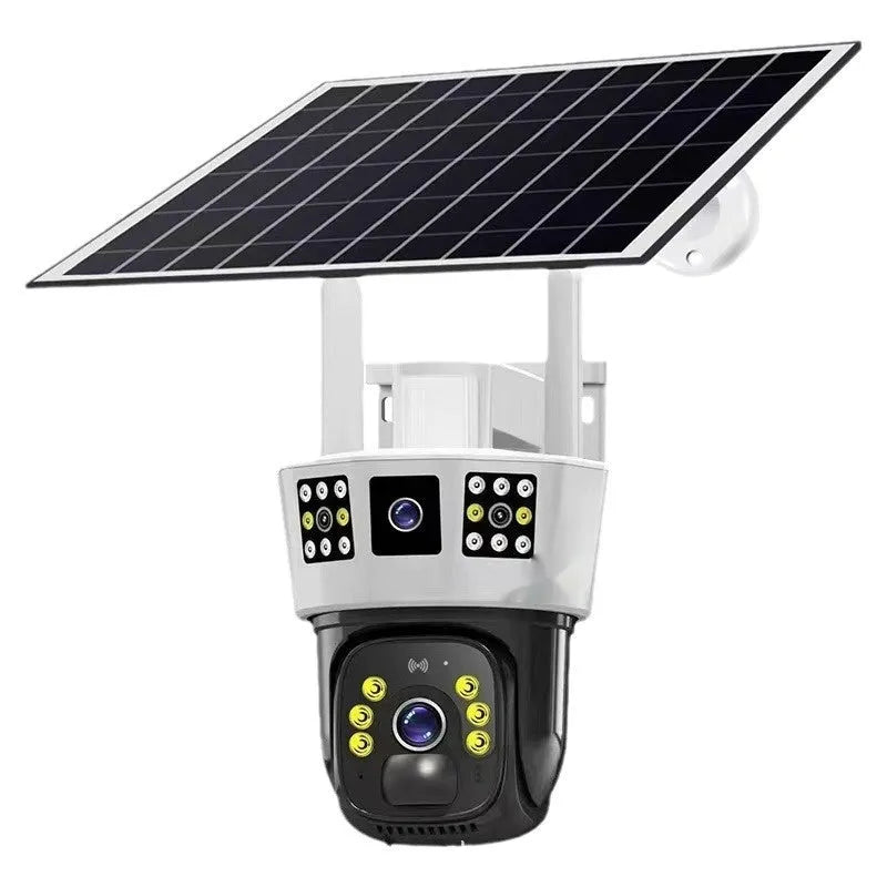 Solar-powered outdoor surveillance camera with three screens and solar panel