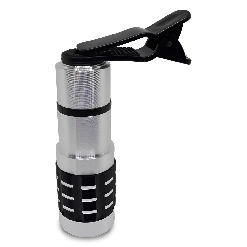 12x telescopic zoom lens attached via universal clip to a smartphone for long-distance filming.