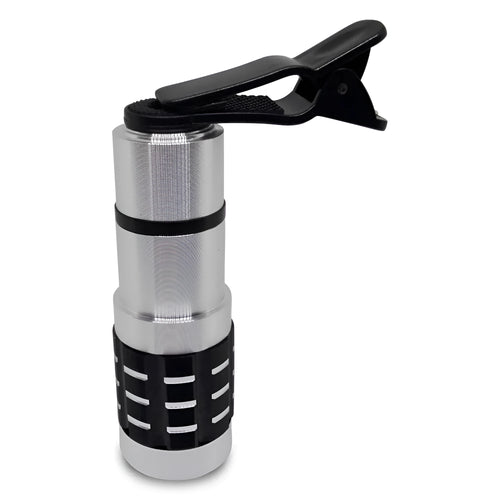12x telescopic zoom lens attached via universal clip to a smartphone for long-distance filming.
