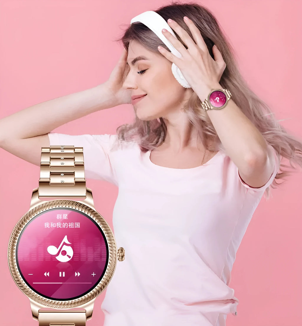 AK38 ladies smart watch with stainless steel strap and 1.09 inch colour touchscreen display