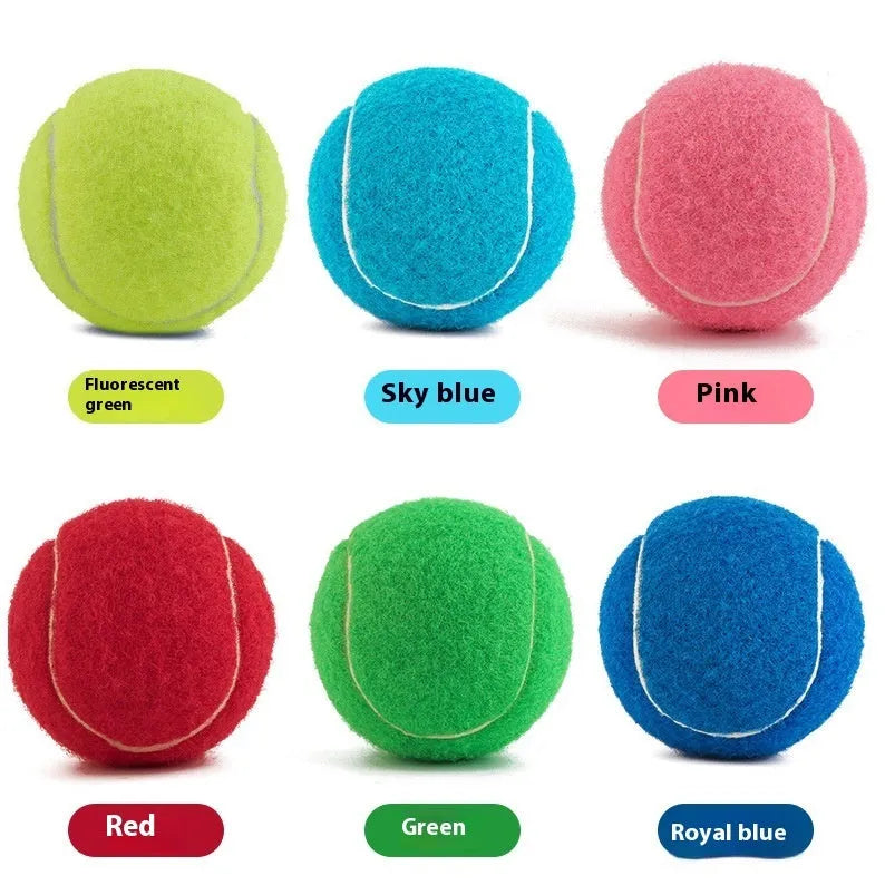 Bright coloured, bite-resistant rubber tennis ball for dogs, 6.3 cm in diameter.