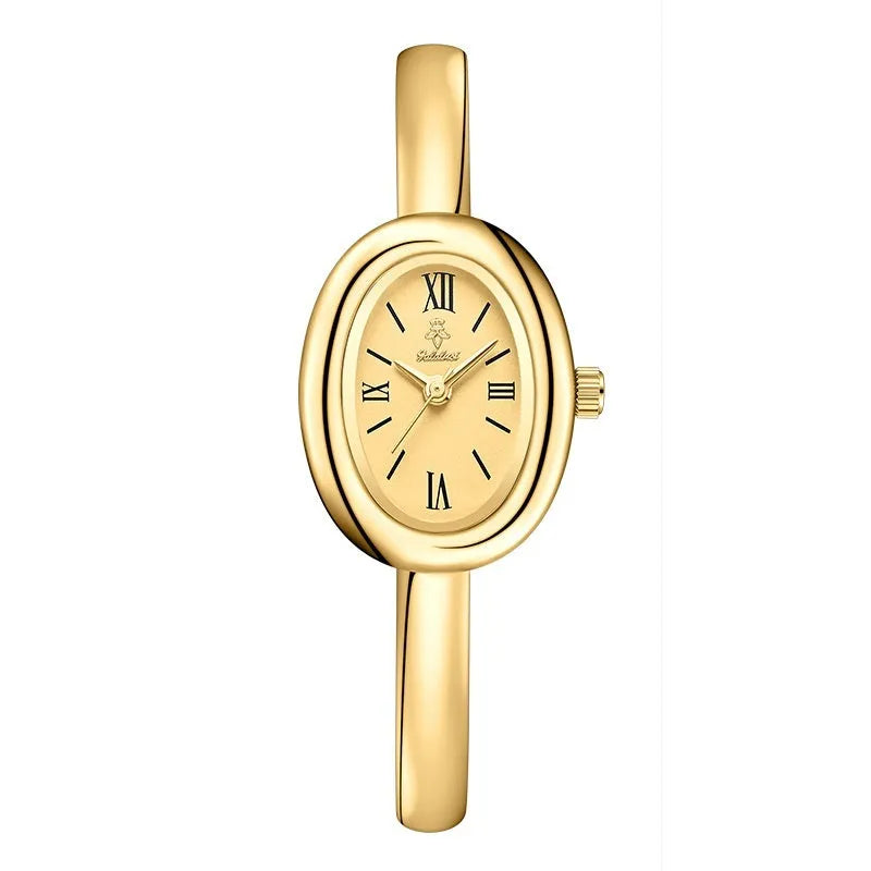 Women's oval-shaped retro quartz watch in gold colour with a thin 8mm case.
