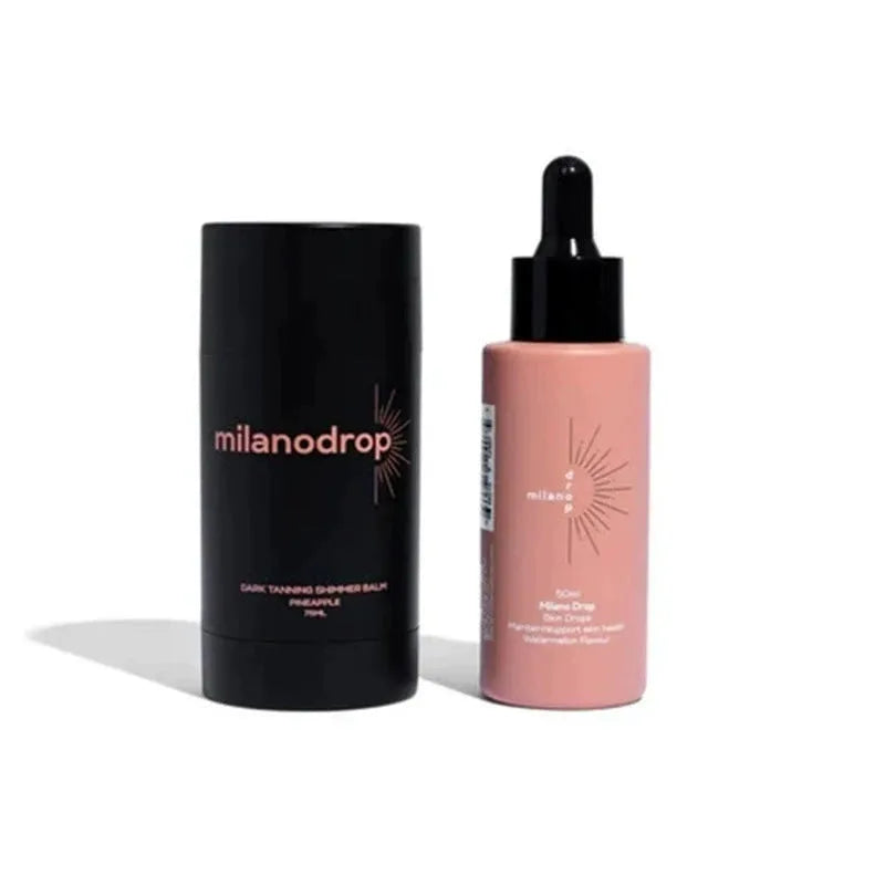 Matte sun tanning black liquid bottle and tube showing 50ml tanning drops and 75ml flash cream.