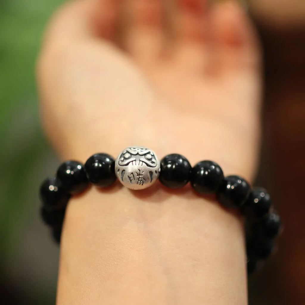 10mm black agate bead bracelet with sterling silver components in Chinese style