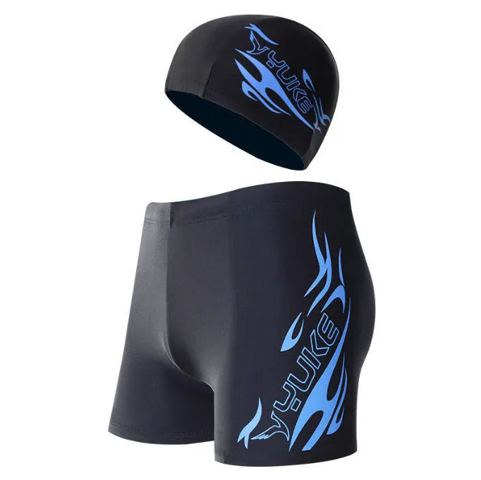 Men's boxer style swimming trunks with fire pattern design in plus sizes