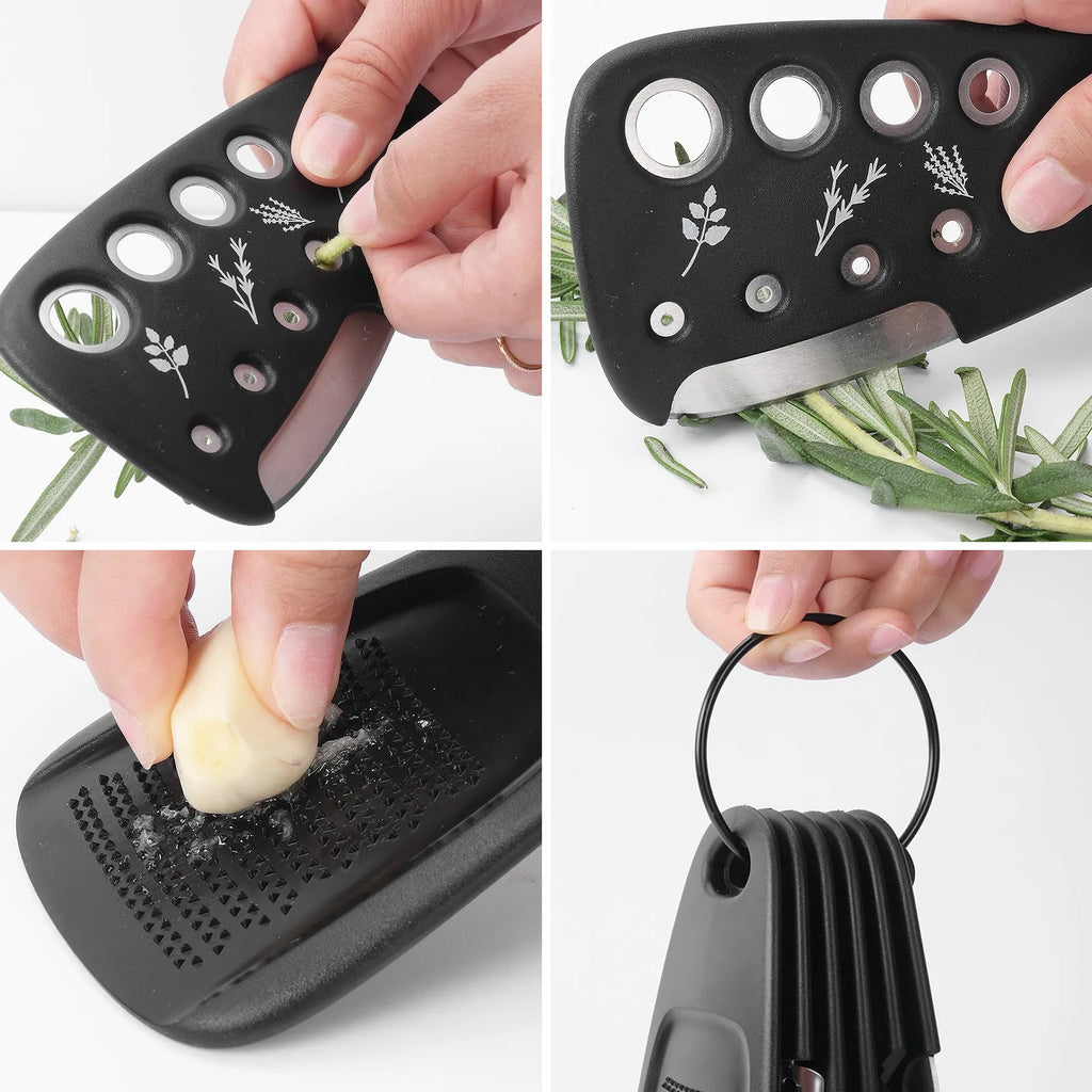 Six stackable kitchen gadgets with utility brush in modern design, made from PP plastic and stainless steel