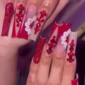 Sweet floral pattern removable artificial nails with prismatic red diamond accents in European square long shape