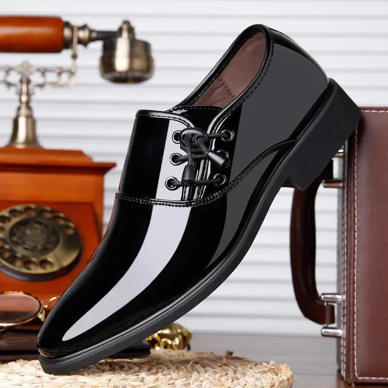 Men's black and brown lace-up formal shoes with round toe and square heel