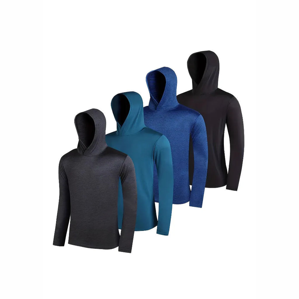 Men's lightweight hoodie four-pack in elastic polyester fibre showing colour options and hooded styles