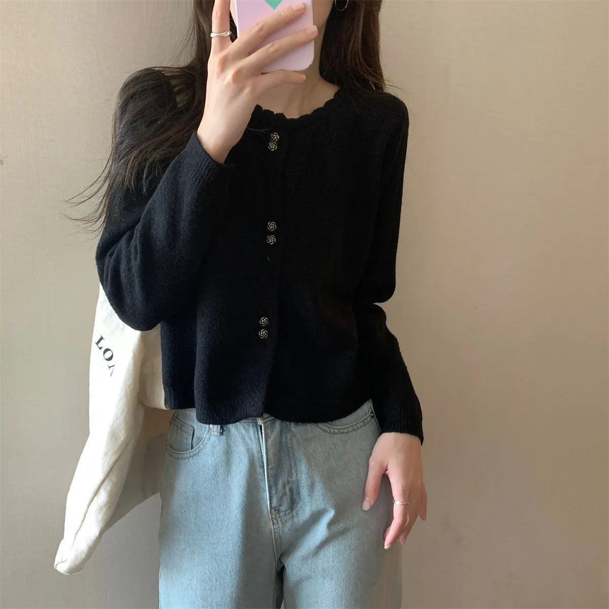 Women's acrylic long-sleeved cardigan coat in milky white, red, pink, light purple, or black colours
