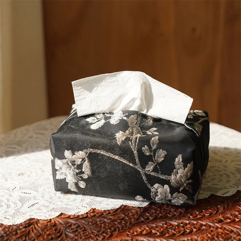 New Chinese style brocade fabric tissue box with white plum embroidery pattern