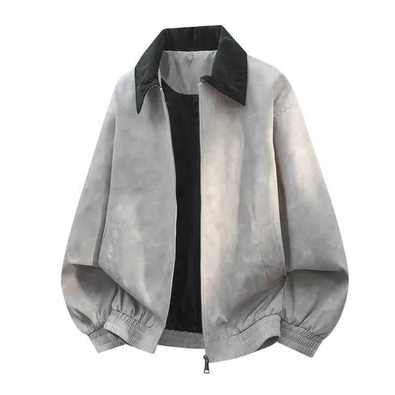 Men's black stitching lapel casual jacket with side seam pockets and straight hem