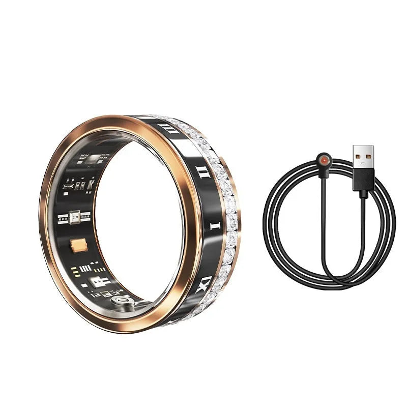 Gold and silver smart rings with diamond inlays displaying blood oxygen monitoring technology on a finger.