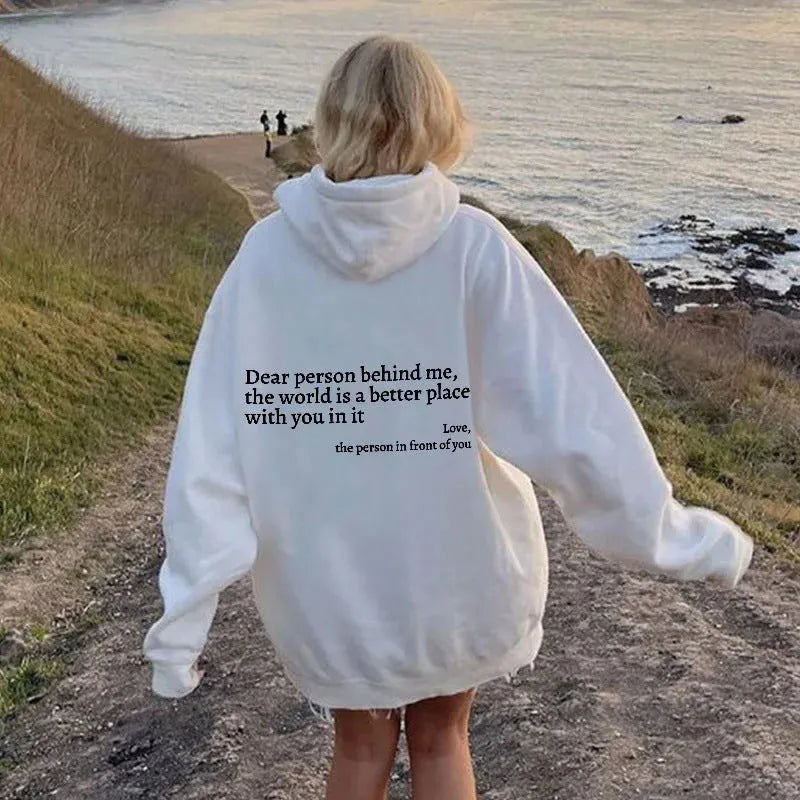 Women's pullover hoodie with printed letter saying and kangaroo pocket in grey