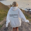 Women's pullover hoodie with printed letter saying and kangaroo pocket in grey