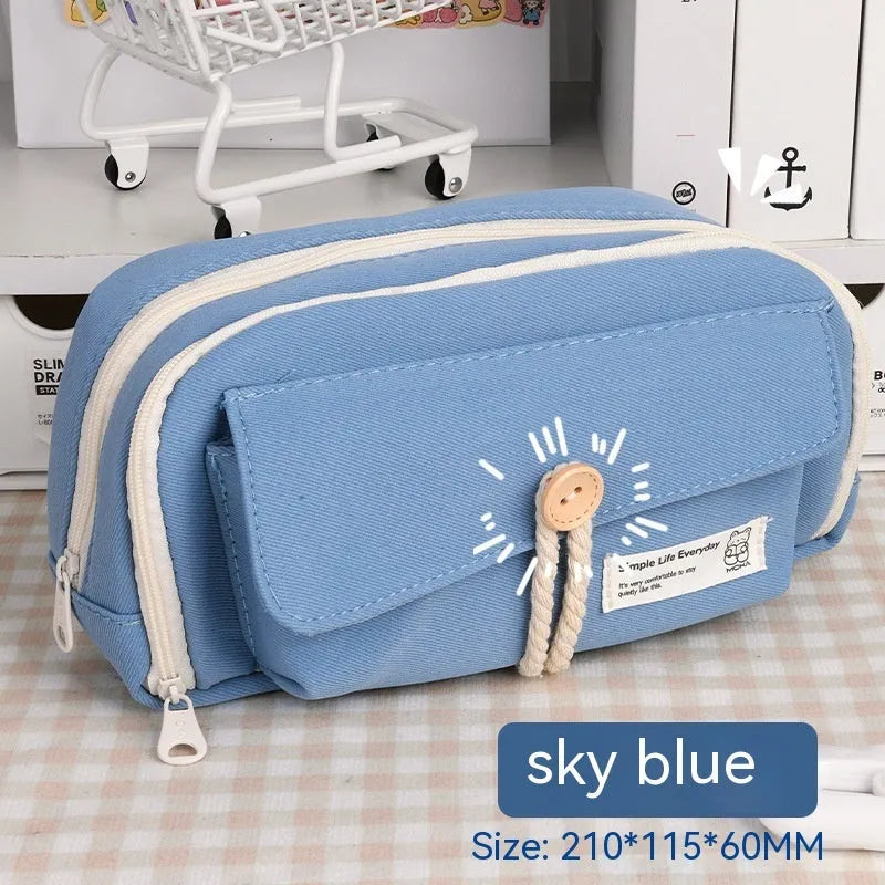 Korean style canvas pencil case in green colour showing large capacity for multiple pens