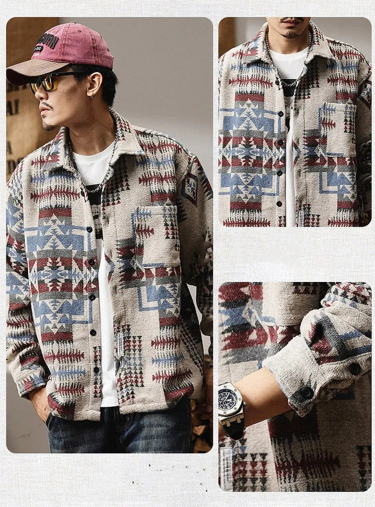 Fashion brand men's long sleeve loose fit shirt with geometric pattern in blue on display