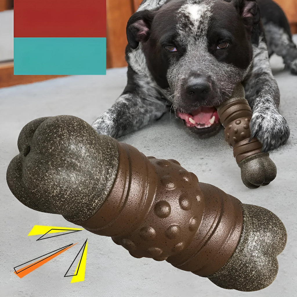 Wood colour plastic bone-shaped dog toy with textured surfaces for dental cleaning and sounding feature