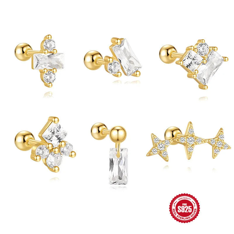 S925 sterling silver red flower stud earrings with square gravel texture in a gold colour.