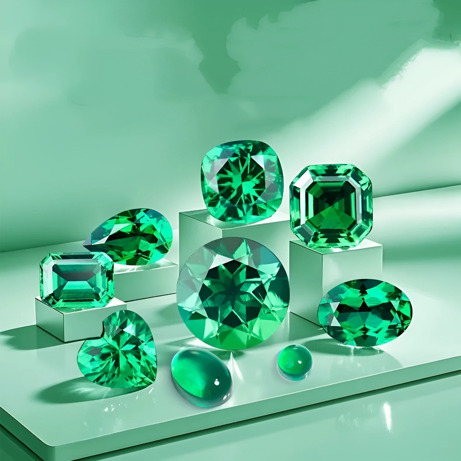 Columbia green cultivated emerald loose stones showing round and rectangular grandmother cuts in various sizes
