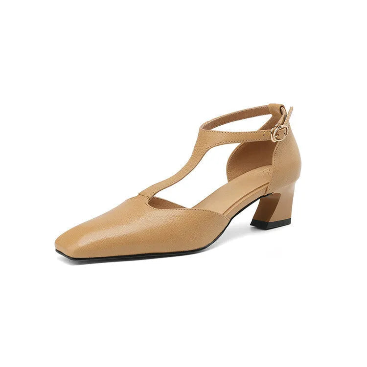 Wine red women's square toe high heels with a chunky block heel and buckle strap.