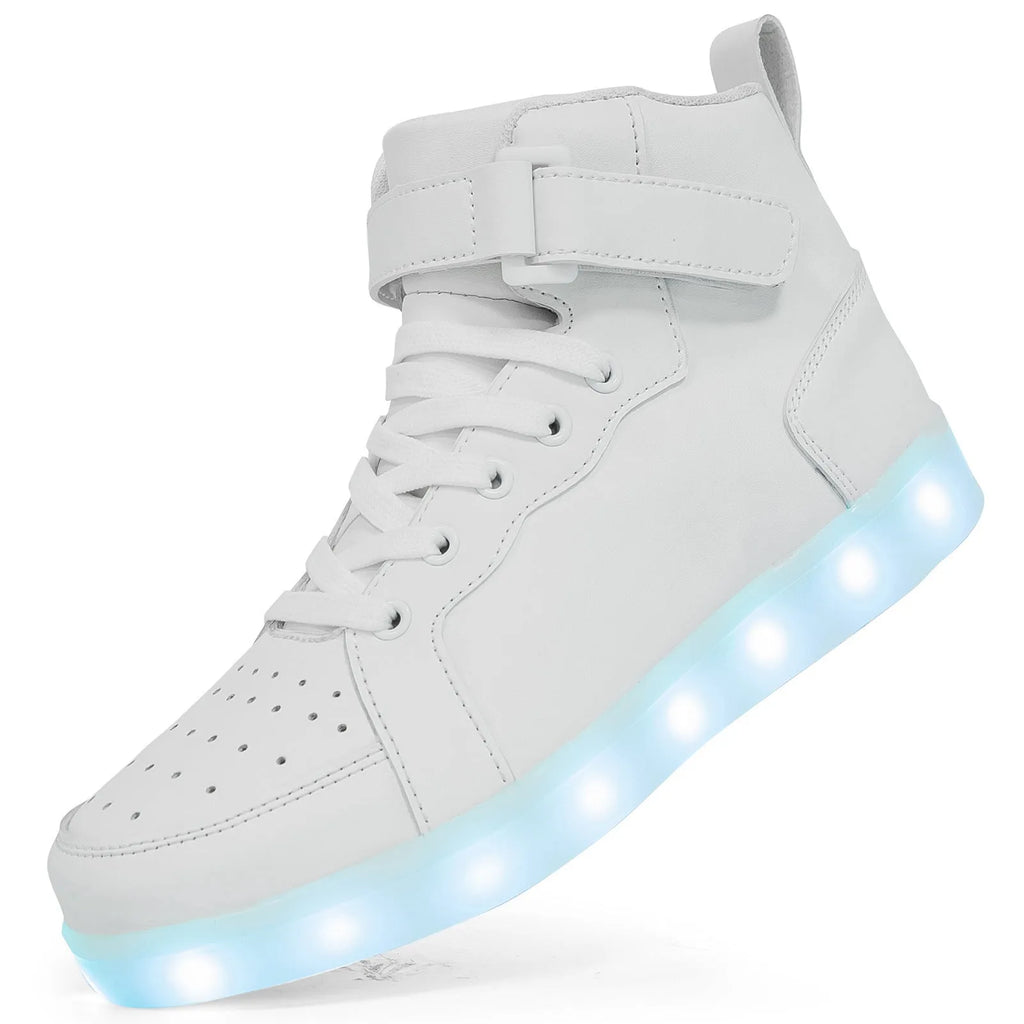 Black high-top LED light-up sneakers with velcro straps and a lit sole.