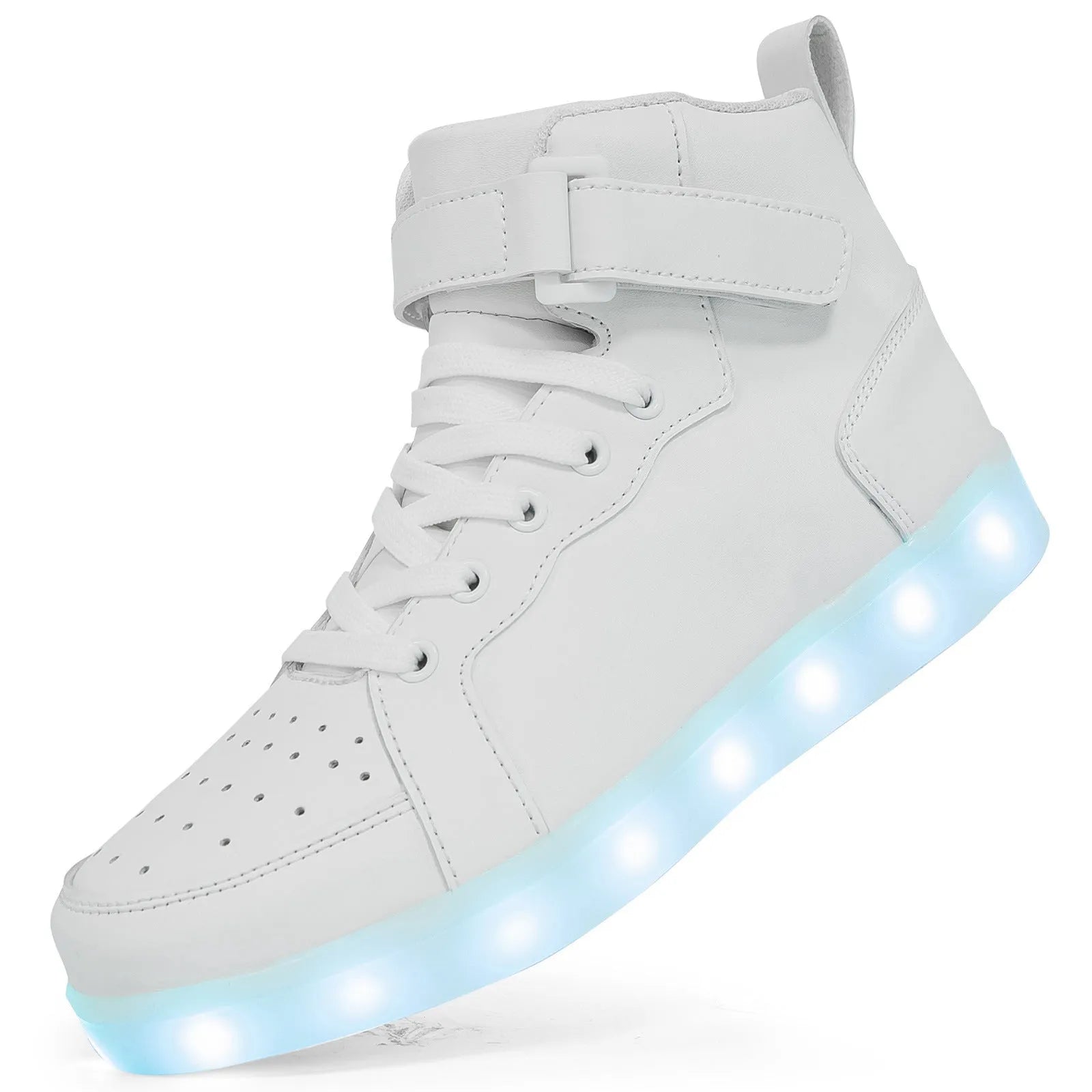 Black high-top LED light-up sneakers with velcro straps and a lit sole.