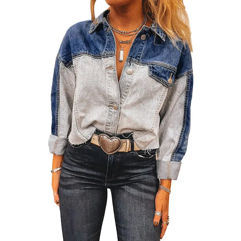 Women's loose-fit denim coat with multi-buckle front closure in cotton fabric