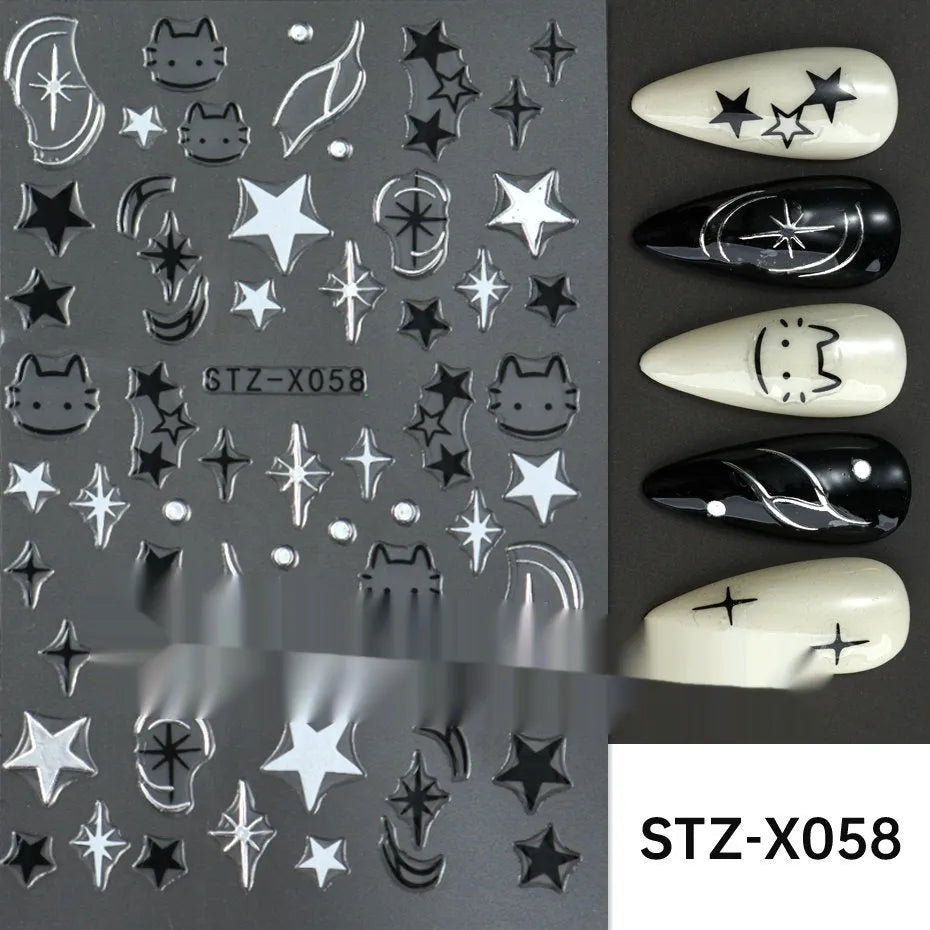 Black and silver strip cartoon nail art stickers on plastic patch