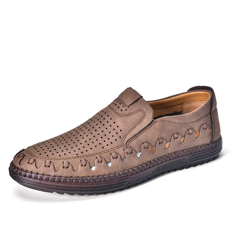 Men's brown slip-on leather casual shoes with round toe and flat PVC sole