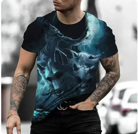 Men's retro 3D animal print short-sleeve t-shirt on a hanger, showing bird eye cloth fabric.