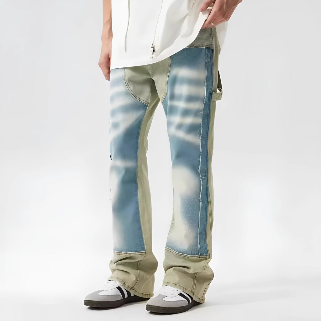 Retro yellow and blue patchwork jeans with splash-ink damaged design on polyester denim fabric