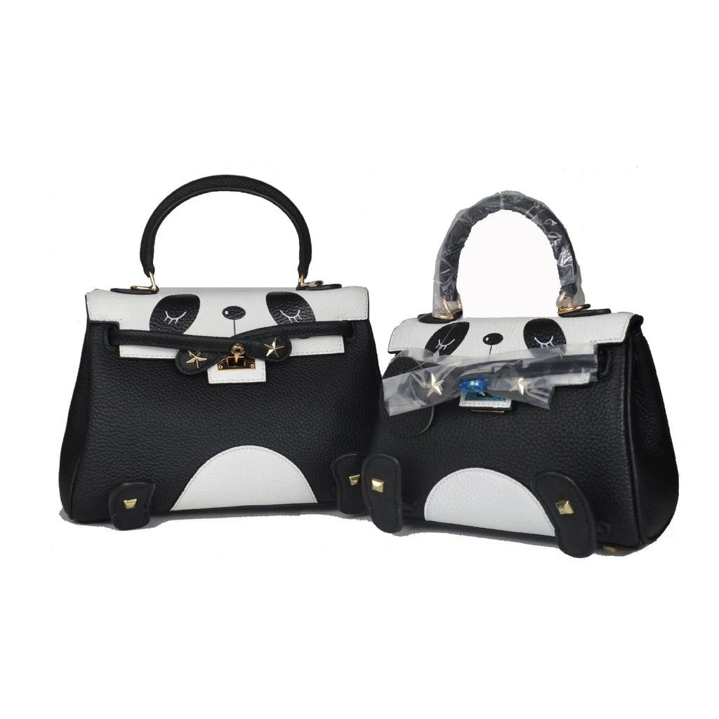 Panda print cowhide leather handbag in horizontal square shape with sweet lady animal pattern