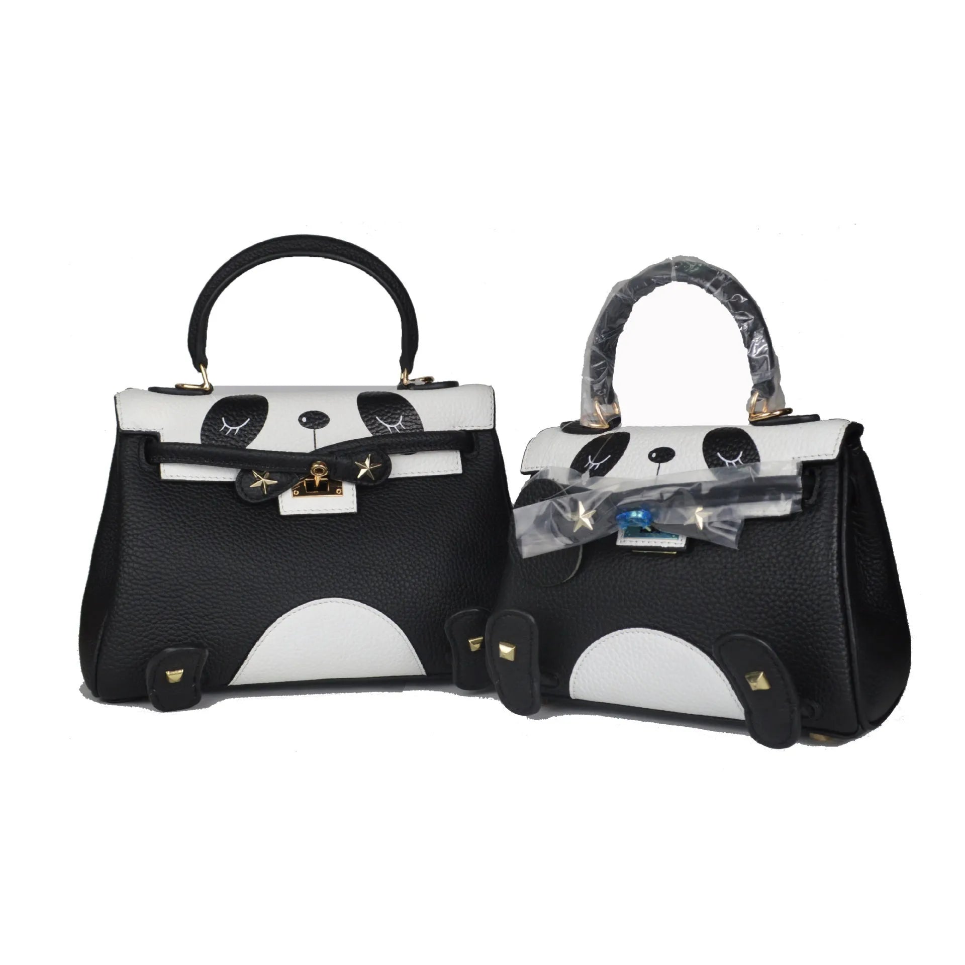 Panda print cowhide leather handbag in horizontal square shape with sweet lady animal pattern