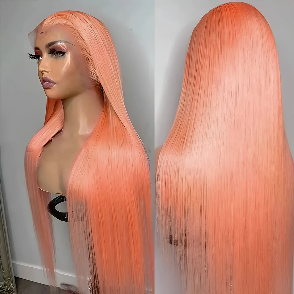 Light orange long straight synthetic wig with front lace and side bangs on a wig stand.