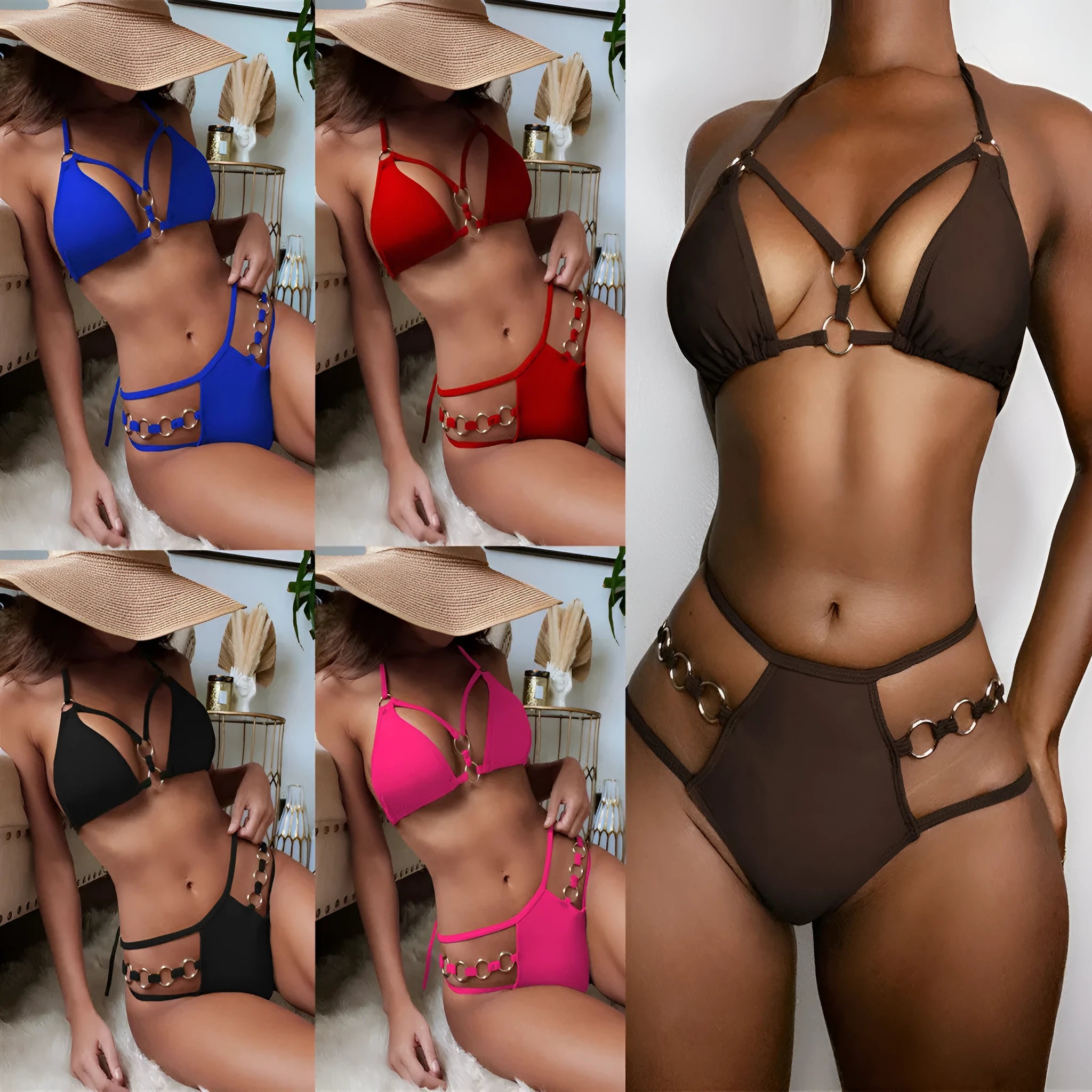 Women's separated two-piece nylon bikini set in red, available in sizes S, M, L.