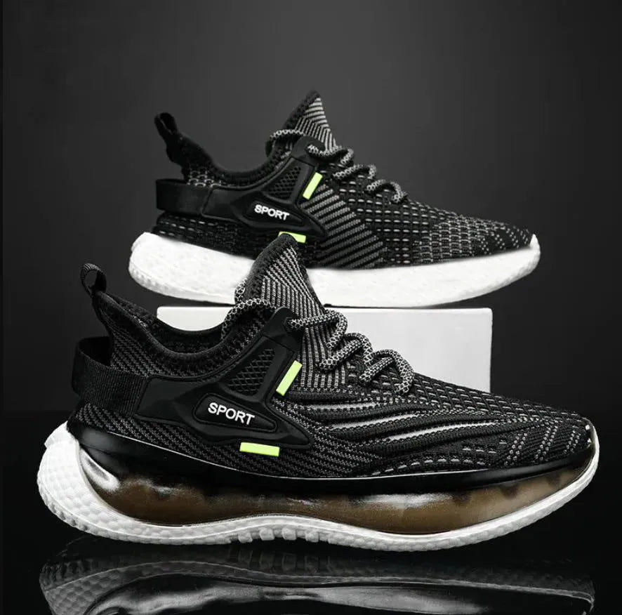 Men's white casual sneakers with woven mesh upper, platform rubber sole, and front lace-up closure.