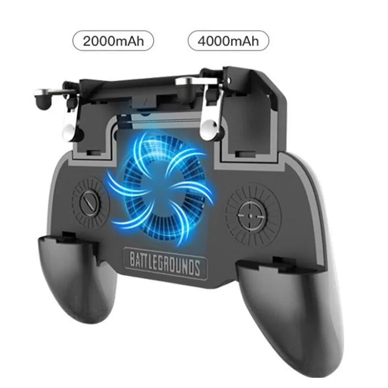 Black mobile game controller for smartphones with USB cable and physical action buttons.