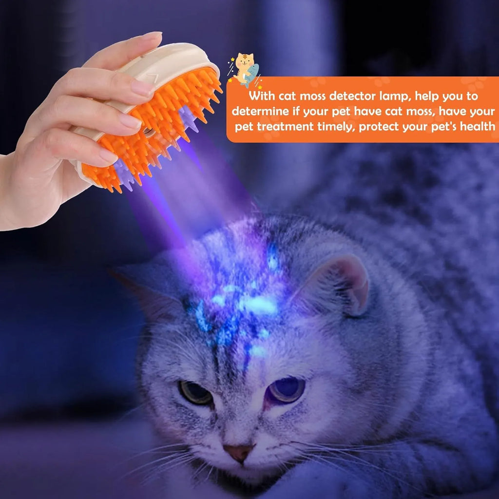 Yellow 4-in-1 cat steam brush with silicone teeth, water tank, and ringworm detector lamp.