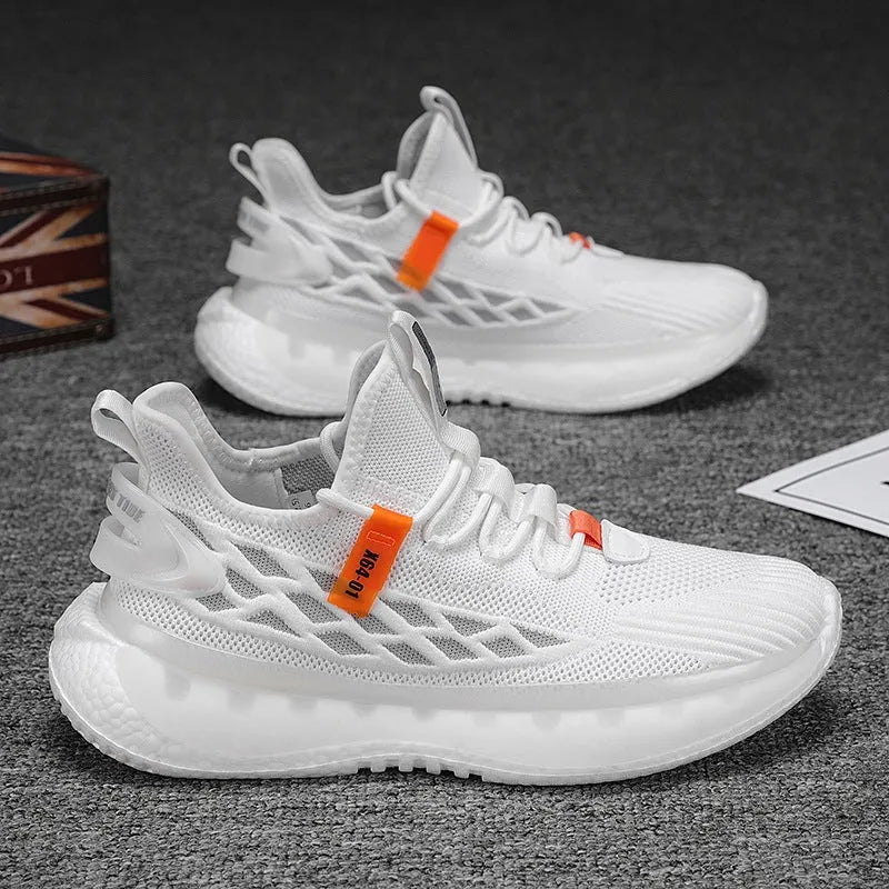 Men's white casual sneakers with woven mesh upper, platform rubber sole, and front lace-up closure.