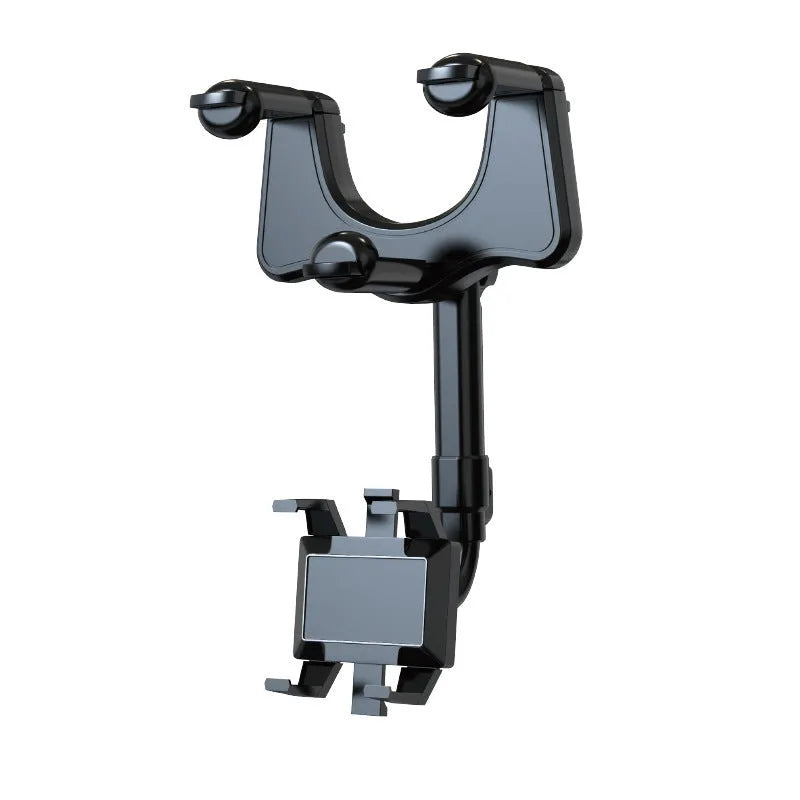 Black rearview mirror phone holder with telescopic arm and 360-degree rotation mechanism