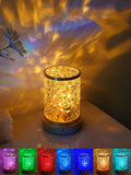 Rotating water ripple night light with solid wood base and USB charging cable