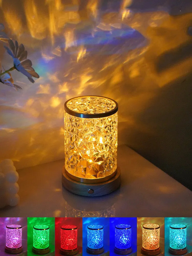 Rotating water ripple night light with solid wood base and USB charging cable