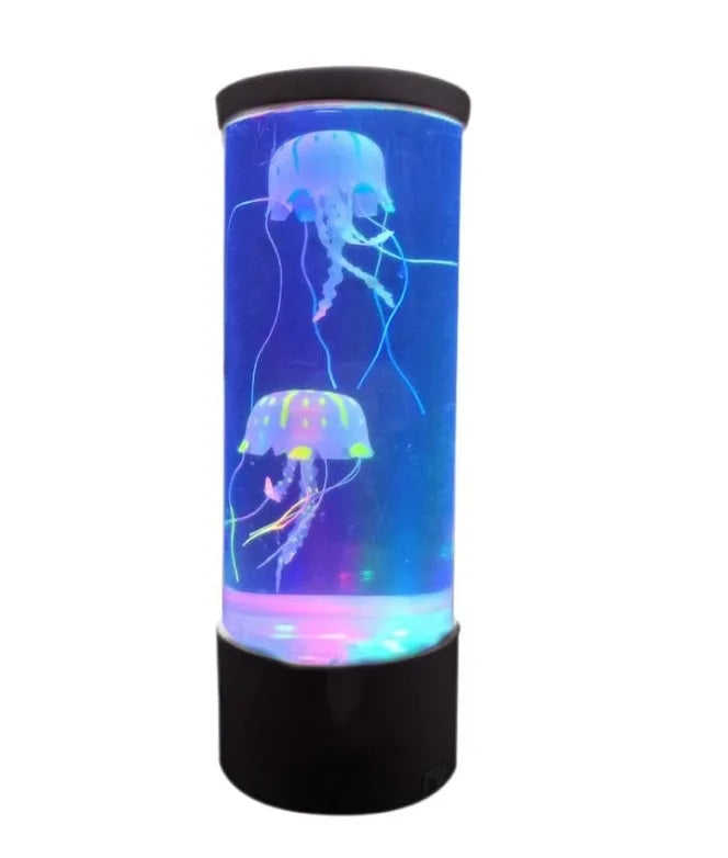 LED jellyfish night light with colour-changing animated display on a black plastic base, small size