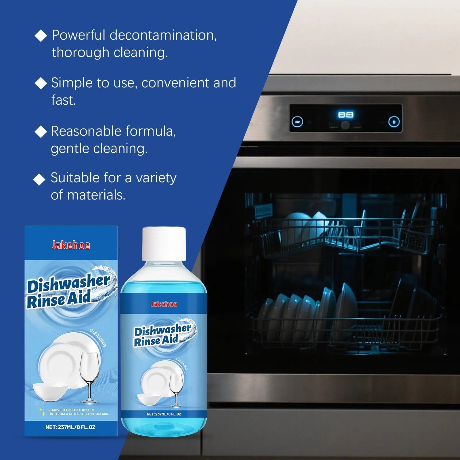237mL bottle of dishwasher detergent aid for removing stains and oil from kitchenware