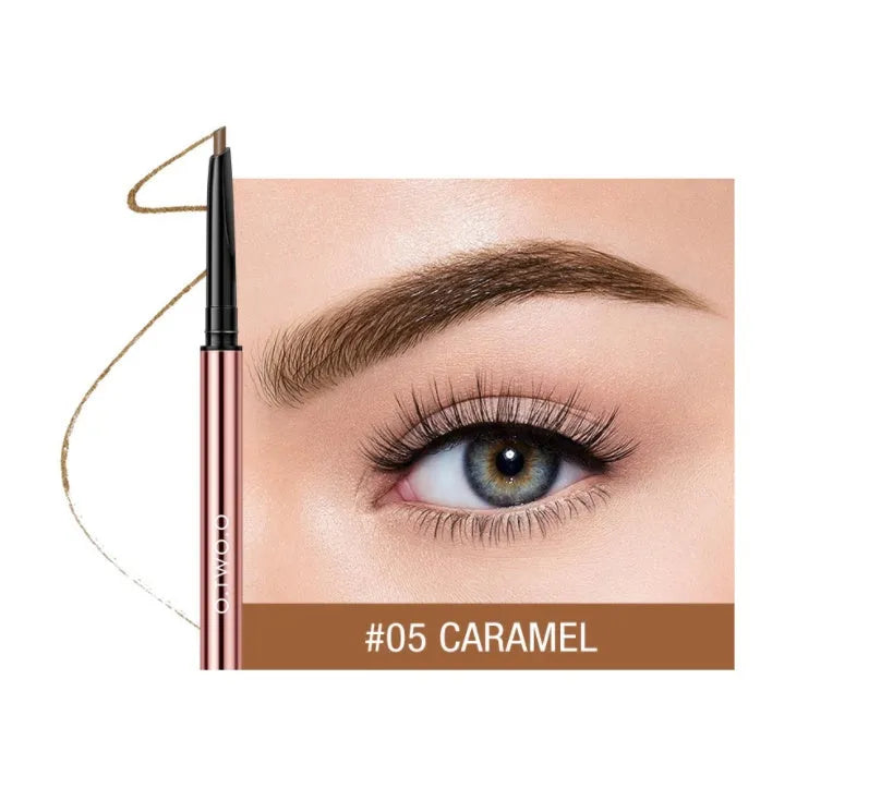 Square-shaped eyebrow pencil in colour box with Auburn, Blonde, Caramel, Dark Brown, Soft Brown, Taupe shade options.