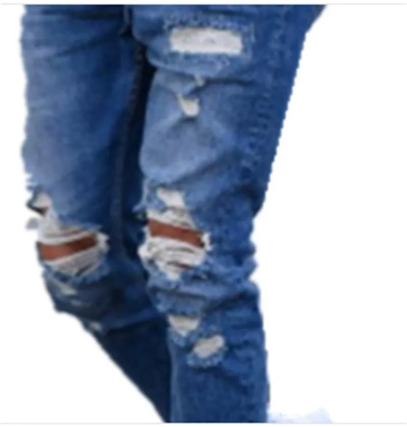 Men's deep blue cotton jeans laid flat, showing front detail and classic five-pocket design.