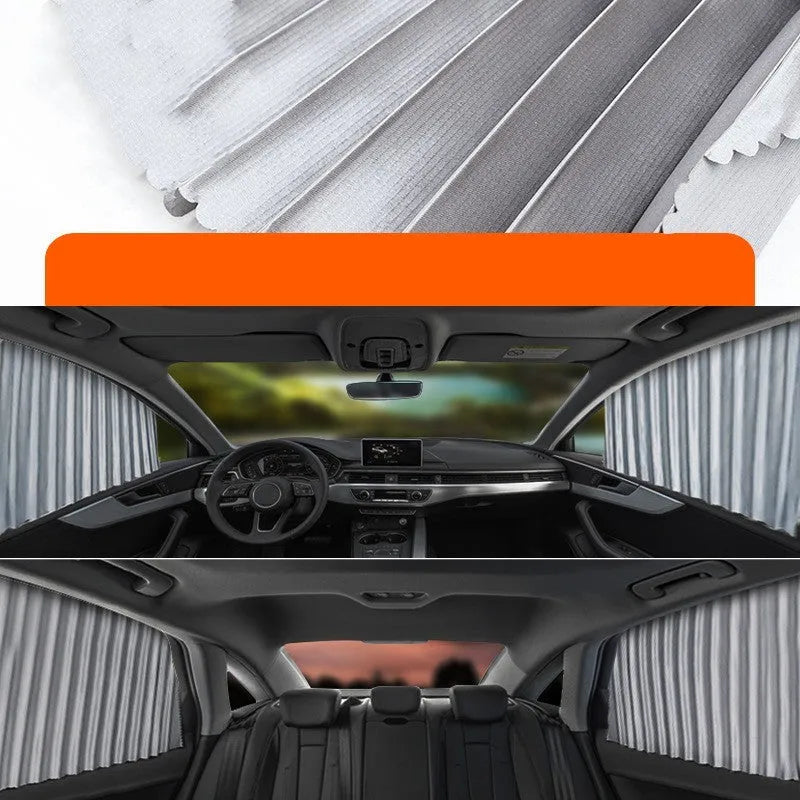 Retractable car sunshade curtain in black colour showing roller shutter mechanism