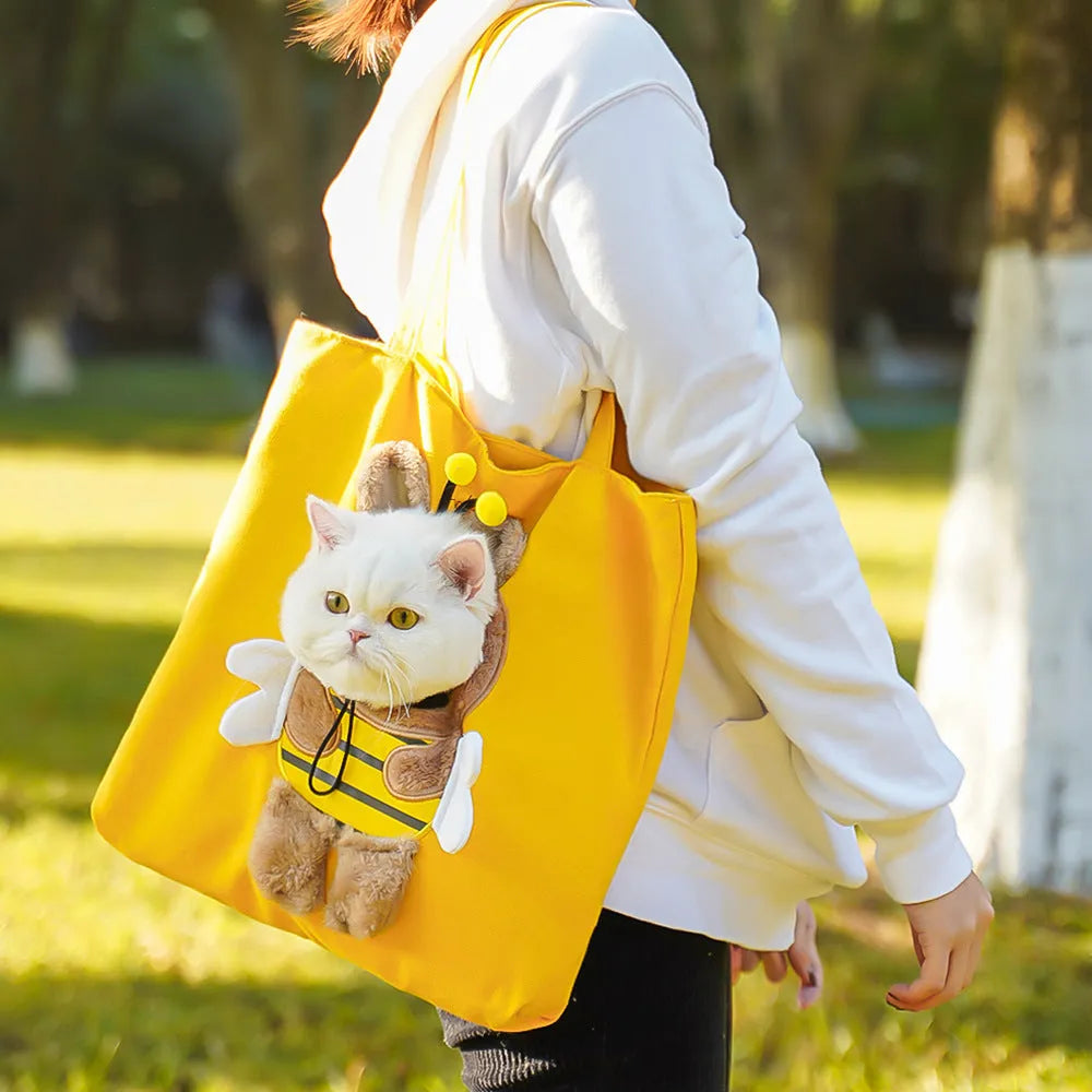 Canvas pet carrier backpack with cartoon pattern for cats and small dogs
