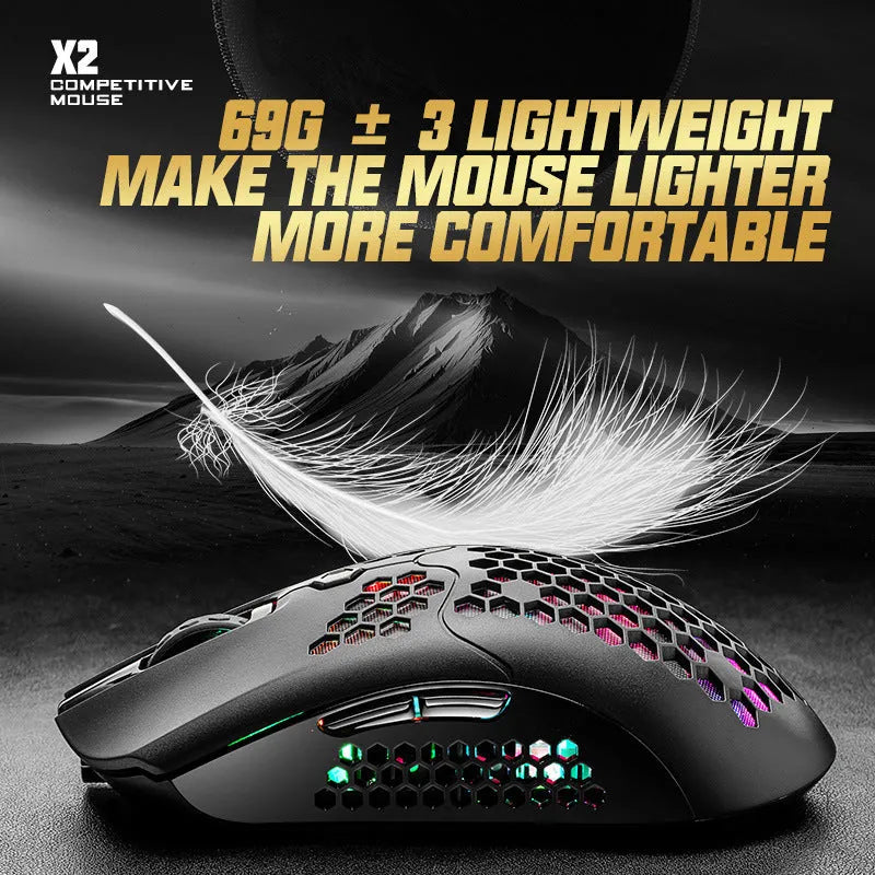 Free Wolf X2 wireless RGB gaming mouse in black, green, pink, white, and yellow colours on a desk